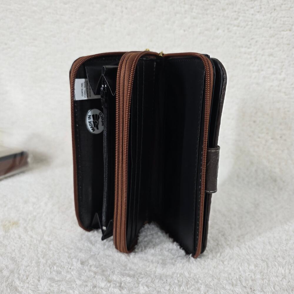 Brown Mexican Handmade Floral Embossed Leather Tab Closure Wallet - Picture 4 of 5